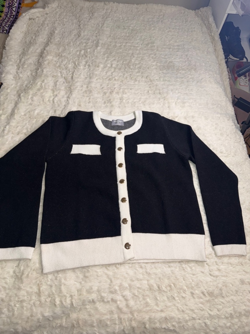 Two-Tone Black and White Button-Front Cardigan